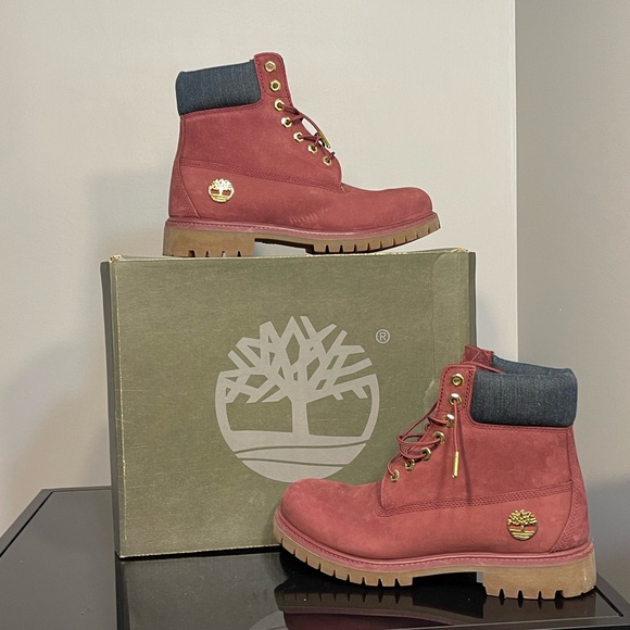 NWB - EXCLUSIVE RELEASE - Decade Old - Burgundy Timberlands 6" Boots w/ Denim - Picture 10 of 12
